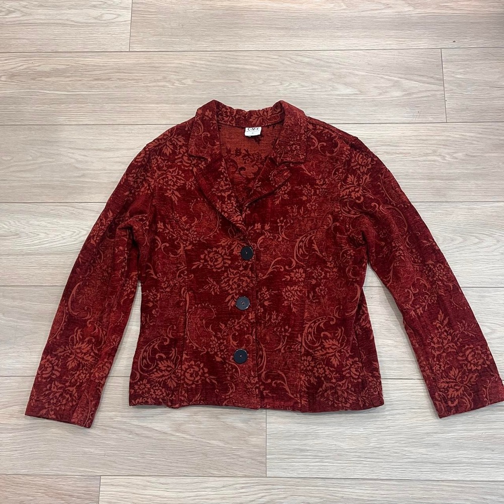 Vintage Red Velvet Floral Jacquard Blazer Women Large 90s Dark Academia